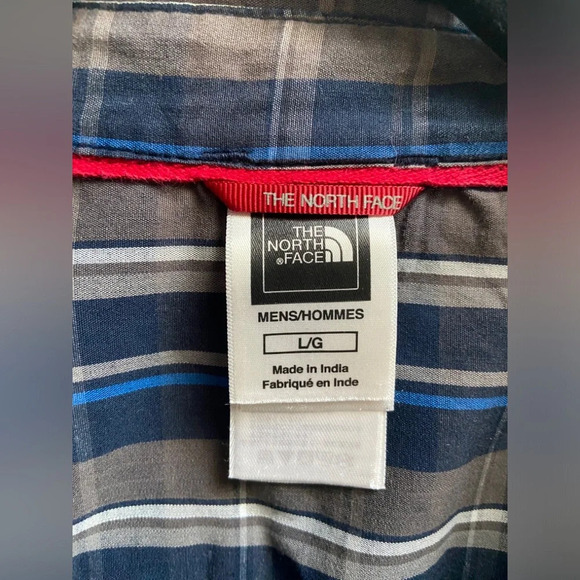 North Face blue grey checker striped button up  long sleeve cotton shirt Sz L - Picture 4 of 7